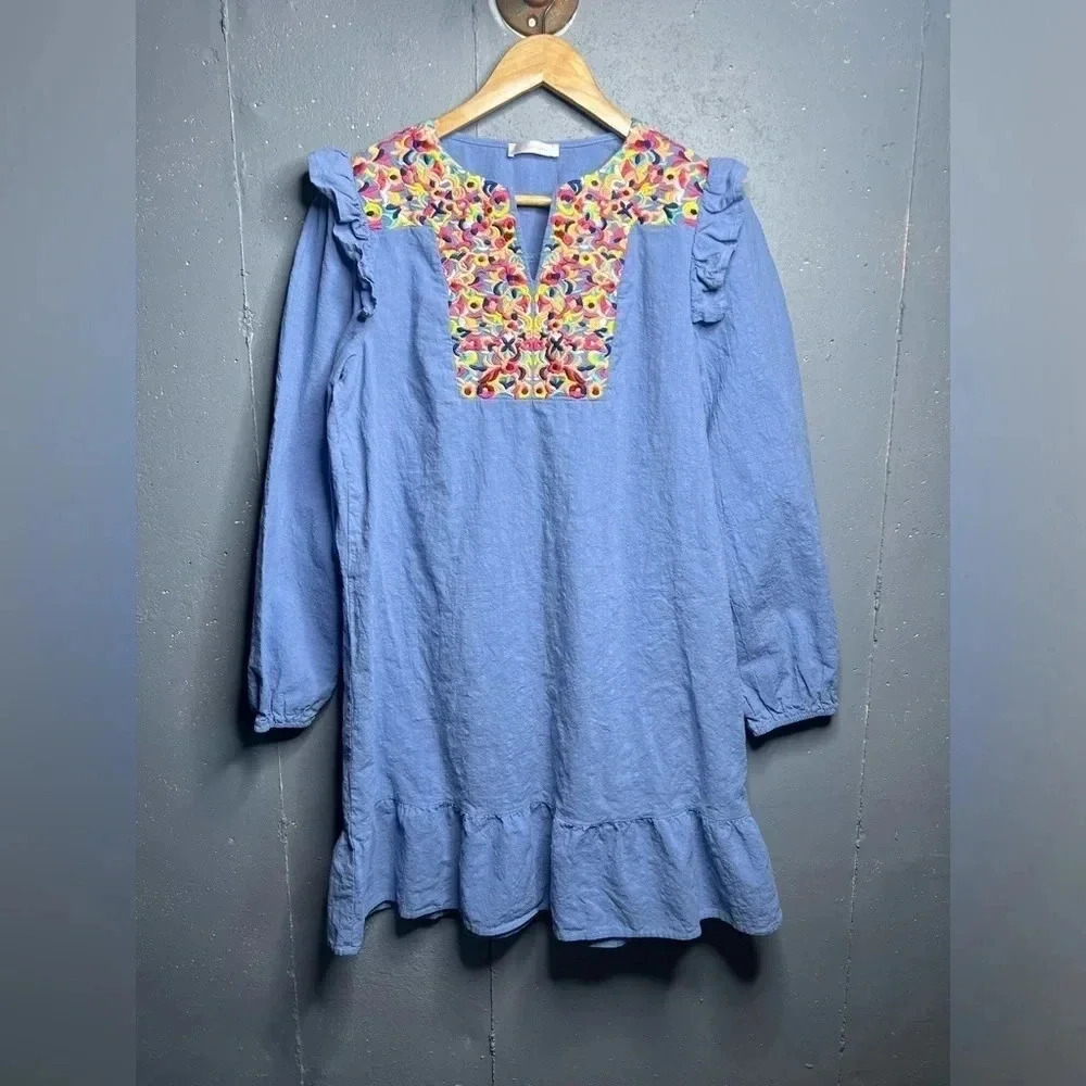 KIRUNDO Women's blue with embrodiey
Mini Dress V Neck Bohemia Dress sz L